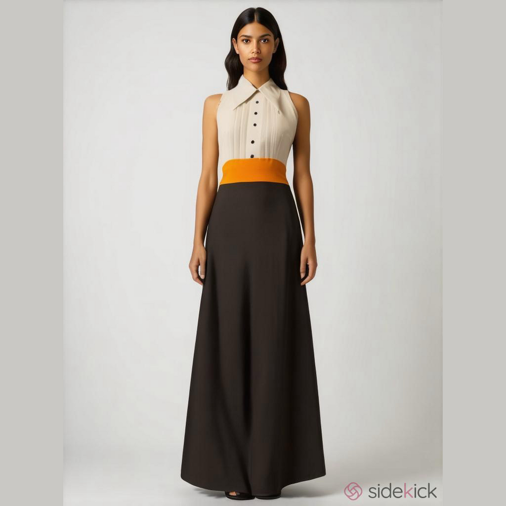 Chic Cream and Black Maxi Dress with Orange Accent